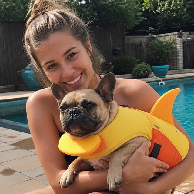 Emily with her dog in a PupFin life vest
