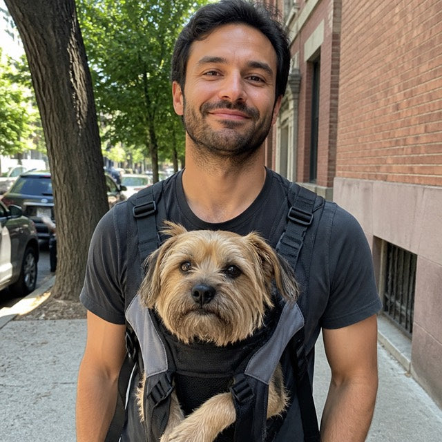 Jason with his dog relaxing in PupPerch